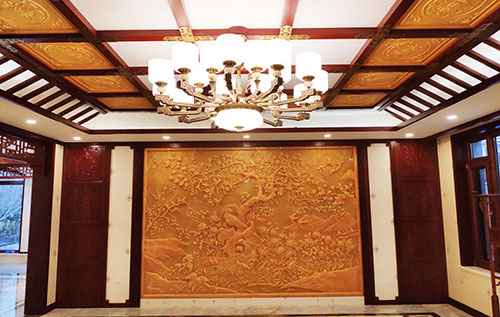 绿园中式别墅客厅中式木作横梁吊顶装饰展示